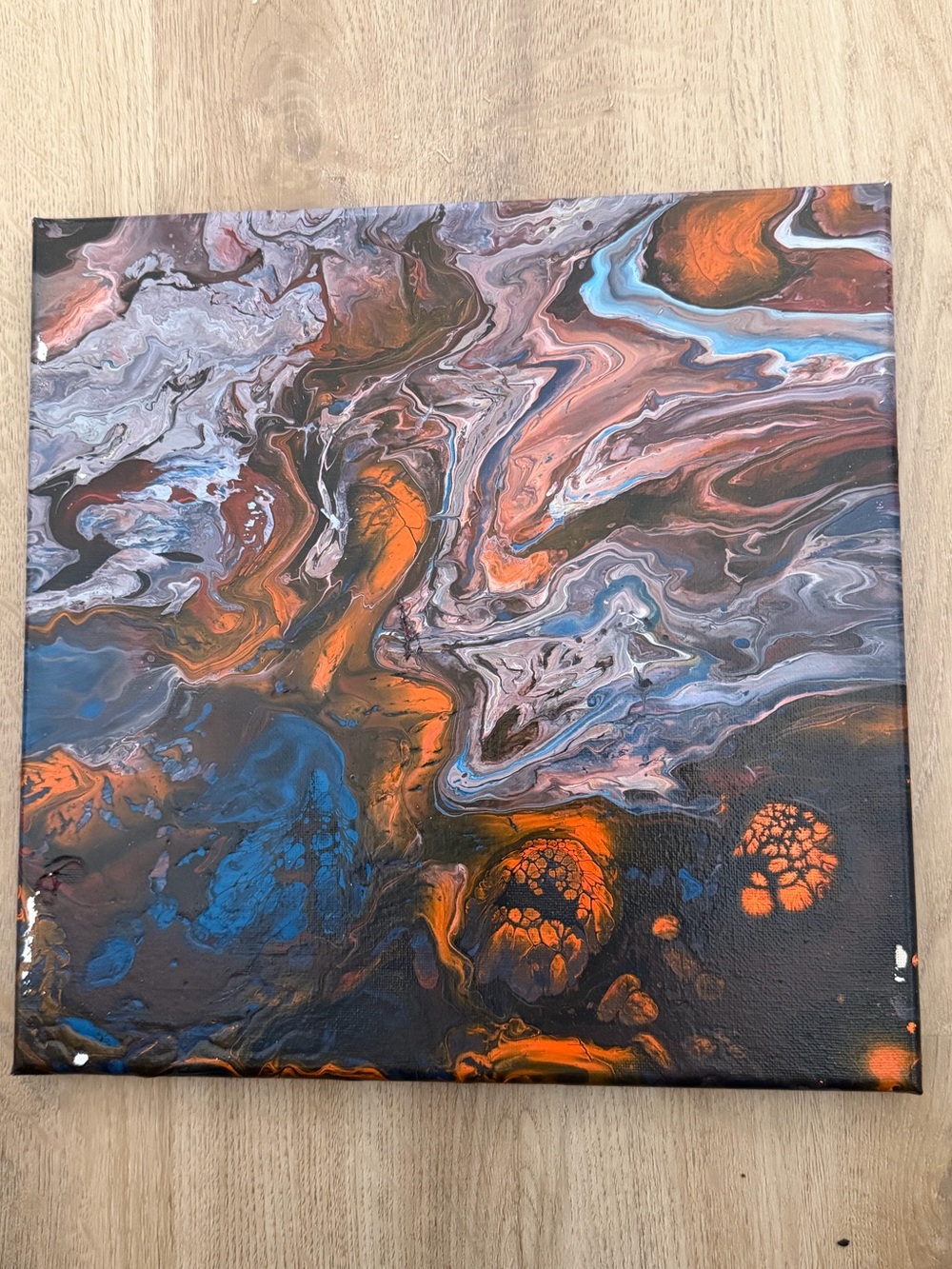 Abstract Fluid Art Canvas in Orange, Blue and Gray